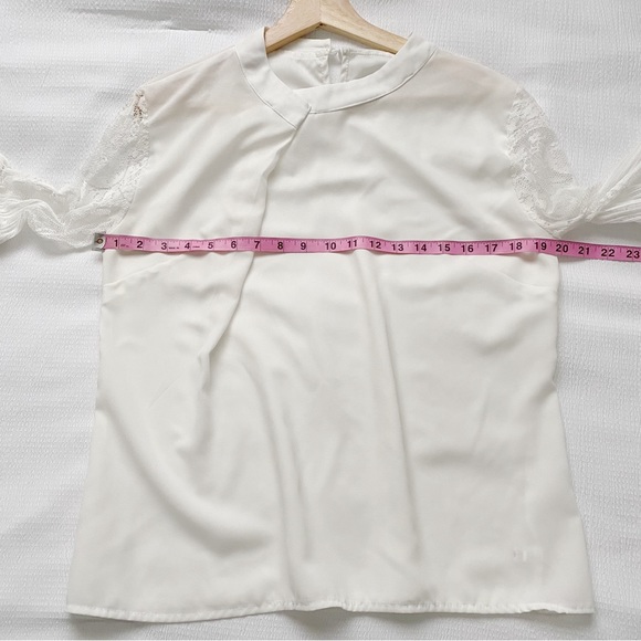 White Pleated Front Flared Eyelet Lace Sleeve Blouse - Picture 4 of 8